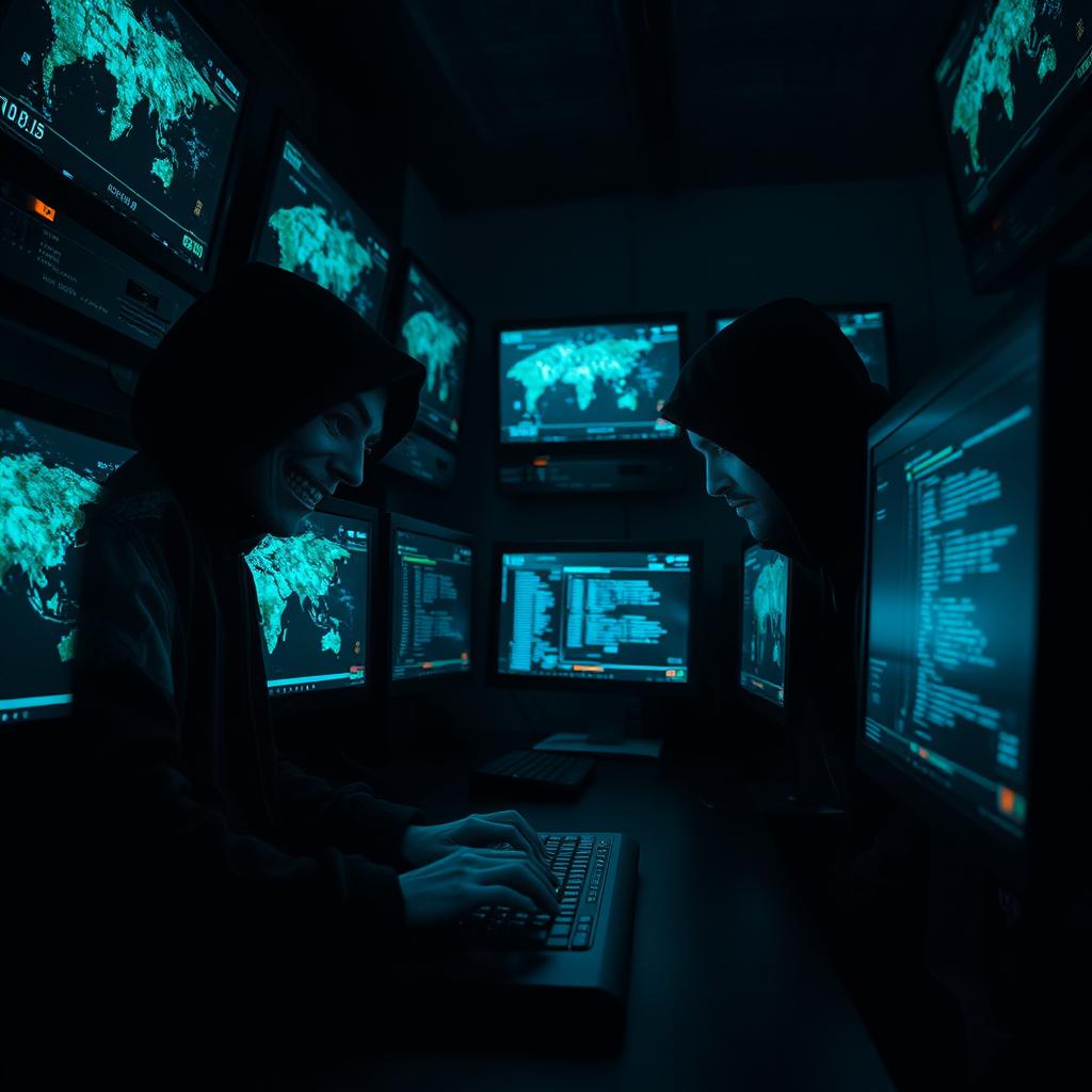 In a dimly lit room filled with multiple computer screens displaying digital maps and IP addresses, two figures are engaged in a tense atmosphere