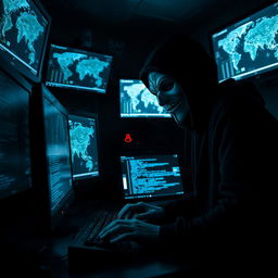 In a dimly lit room filled with multiple computer screens displaying digital maps and IP addresses, two figures are engaged in a tense atmosphere
