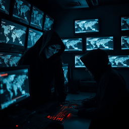 In a dimly lit room filled with multiple computer screens displaying digital maps and IP addresses, two figures are engaged in a tense atmosphere