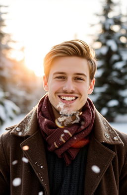 A young man smiling in a winter landscape, dressed warmly in a stylish winter coat and scarf, surrounded by snow-covered trees