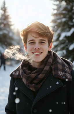 A young man smiling in a winter landscape, dressed warmly in a stylish winter coat and scarf, surrounded by snow-covered trees