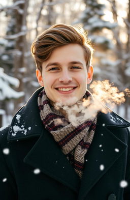 A young man smiling in a winter landscape, dressed warmly in a stylish winter coat and scarf, surrounded by snow-covered trees