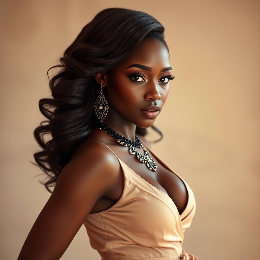 An alluring ebony girl exuding confidence and beauty, standing in a stylish pose