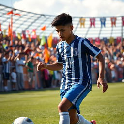 A dynamic portrait of a talented young soccer player in action, showcasing athleticism and determination