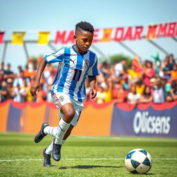 A dynamic portrait of a talented young soccer player in action, showcasing athleticism and determination