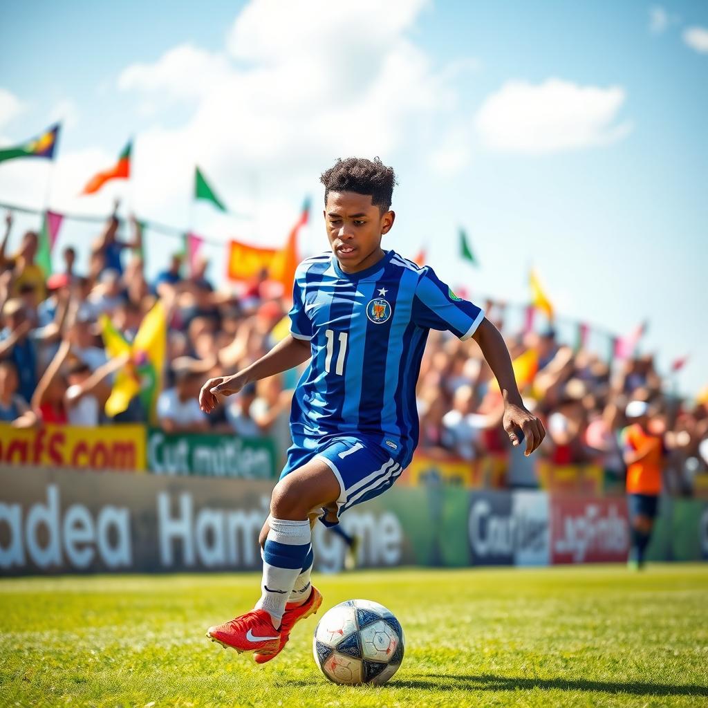 A dynamic portrait of a talented young soccer player in action, showcasing athleticism and determination