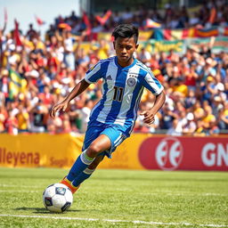 A dynamic portrait of a talented young soccer player in action, showcasing athleticism and determination