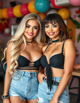 Two sexy and confident American bimbo lesbians, one blonde and the other brunette, both aged 21, featuring enormous silicon boobs