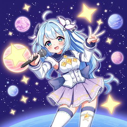 An illustration of Suisei, the space-themed idol from Hololive, depicted with her signature starry blue and white hair, wearing a vibrant space-themed outfit adorned with celestial patterns
