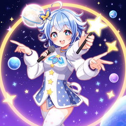 An illustration of Suisei, the space-themed idol from Hololive, depicted with her signature starry blue and white hair, wearing a vibrant space-themed outfit adorned with celestial patterns