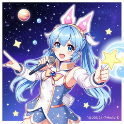 An illustration of Suisei, the space-themed idol from Hololive, depicted with her signature starry blue and white hair, wearing a vibrant space-themed outfit adorned with celestial patterns