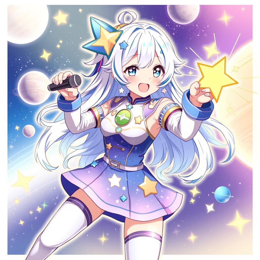 An illustration of Suisei, the space-themed idol from Hololive, depicted with her signature starry blue and white hair, wearing a vibrant space-themed outfit adorned with celestial patterns