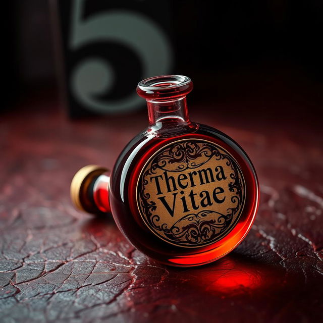 A round, vibrant red potion bottle with an intricately designed label that reads 'Therma Vitae', lying on a rich textured surface