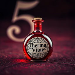 A round, vibrant red potion bottle with an intricately designed label that reads 'Therma Vitae', lying on a rich textured surface