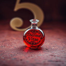 A round, vibrant red potion bottle with an intricately designed label that reads 'Therma Vitae', lying on a rich textured surface