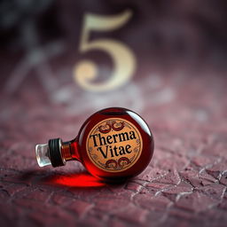 A round, vibrant red potion bottle with an intricately designed label that reads 'Therma Vitae', lying on a rich textured surface