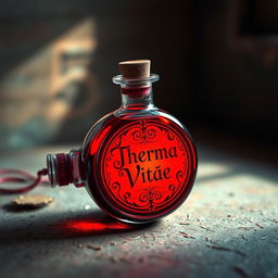 A round, vibrant red potion bottle with an elegantly crafted label that reads 'Therma Vitae', lying on a textured surface