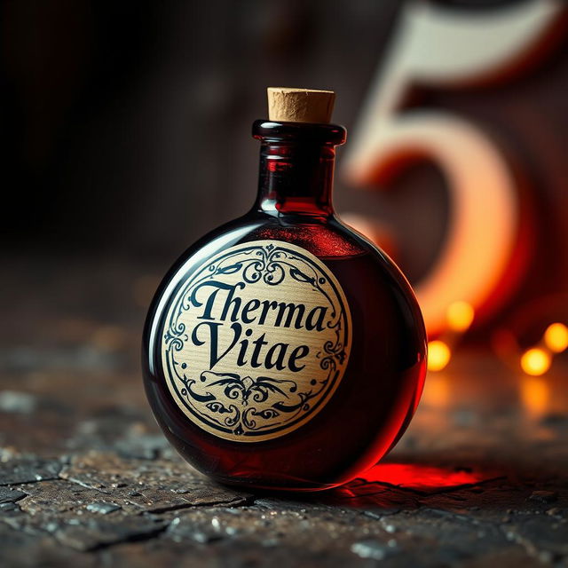 A round, vibrant red potion bottle with an elegantly crafted label that reads 'Therma Vitae', lying on a textured surface