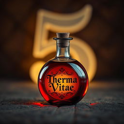 A round, vibrant red potion bottle with an elegantly crafted label that reads 'Therma Vitae', lying on a textured surface