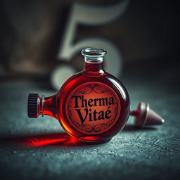 A round, vibrant red potion bottle with an elegantly crafted label that reads 'Therma Vitae', lying on a textured surface