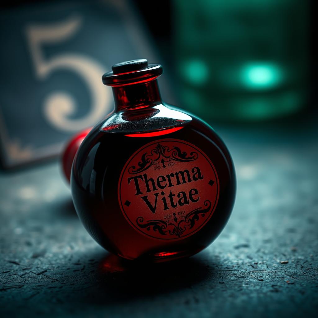 A round, vibrant red potion bottle with an elegant label reading 'Therma Vitae', lying on a textured surface