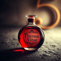 A round, vibrant red potion bottle with an elegant label reading 'Therma Vitae', lying on a textured surface