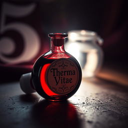 A round, vibrant red potion bottle with an elegant label reading 'Therma Vitae', lying on a textured surface
