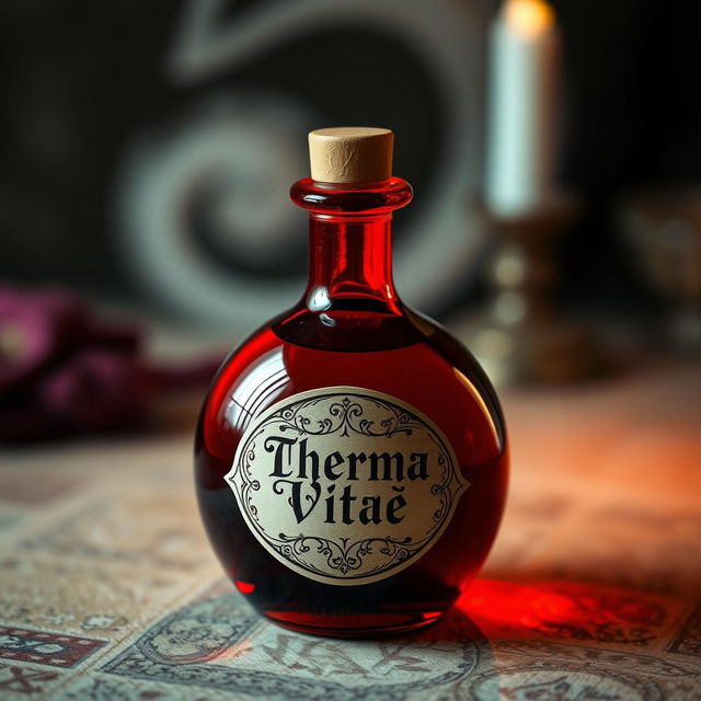 A round, vibrant red potion bottle with an elegant label reading 'Therma Vitae', lying on a textured surface