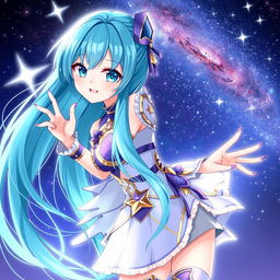 A stunning illustration of Hoshimachi Suisei, the virtual idol known for her cosmic theme and beautiful voice