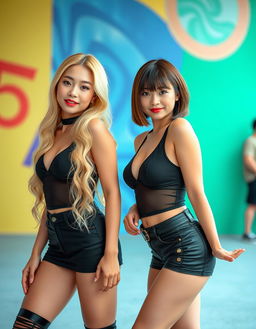 Two sexy and confident Chinese bimbo lesbians, one with long, vibrant blonde hair and the other with a chic, stylish brunette bob, both aged 18 and showcasing their enormous silicon boobs
