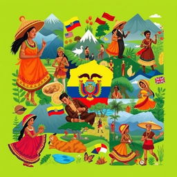 A vibrant and colorful collage representing the cultural contributions of various ethnic groups that form part of Ecuadorian identity