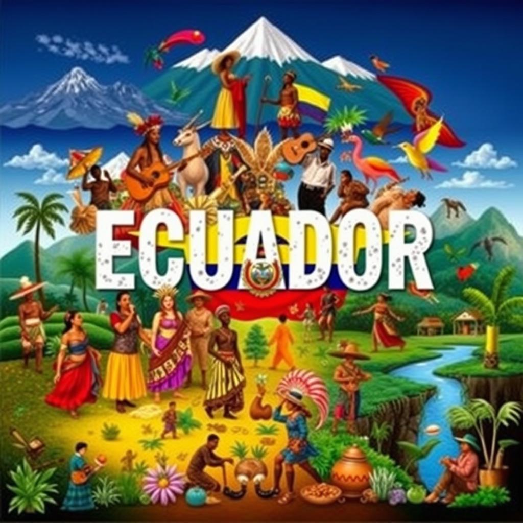 A vibrant and colorful collage representing the cultural contributions of various ethnic groups that form part of Ecuadorian identity
