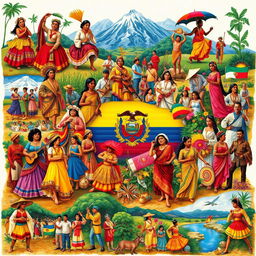A vibrant and colorful collage representing the cultural contributions of various ethnic groups that form part of Ecuadorian identity