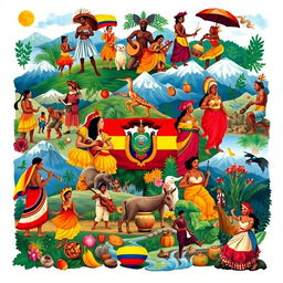 A vibrant and colorful collage representing the cultural contributions of various ethnic groups that form part of Ecuadorian identity