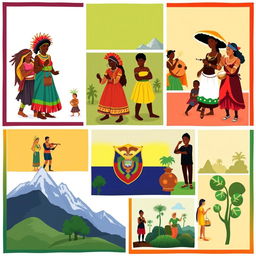 A colorful and structured collage displaying cultural contributions of various ethnic groups that form part of Ecuadorian identity, separated into distinct squares