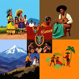 A colorful and structured collage displaying cultural contributions of various ethnic groups that form part of Ecuadorian identity, separated into distinct squares