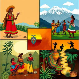 A colorful and structured collage displaying cultural contributions of various ethnic groups that form part of Ecuadorian identity, separated into distinct squares