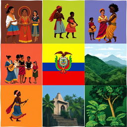 A colorful and structured collage displaying cultural contributions of various ethnic groups that form part of Ecuadorian identity, separated into distinct squares