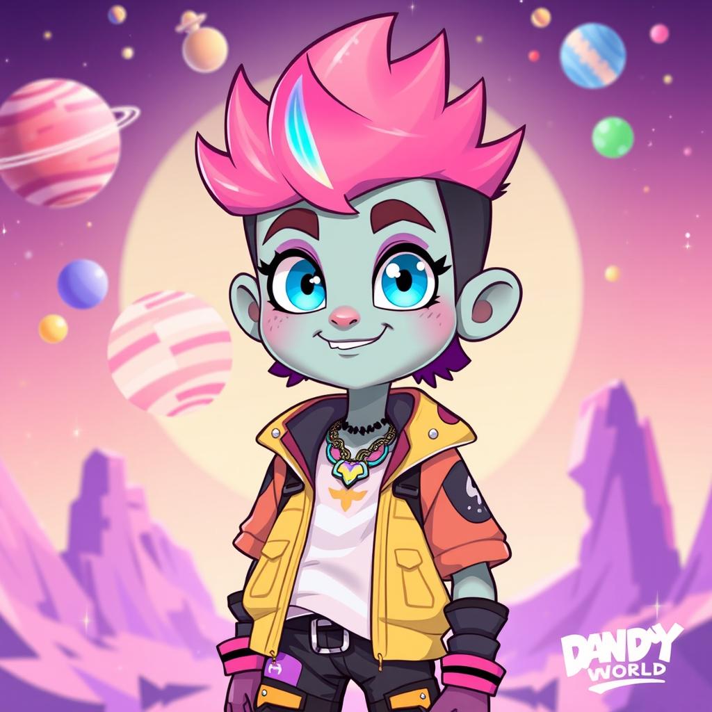 A stylized human character inspired by Vee from Dandy's World, featuring vibrant colors and a whimsical design