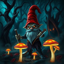 A sinister-looking evil gnome standing in a dark, enchanted forest, with twisted trees and eerie mist surrounding him