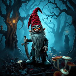 A sinister-looking evil gnome standing in a dark, enchanted forest, with twisted trees and eerie mist surrounding him