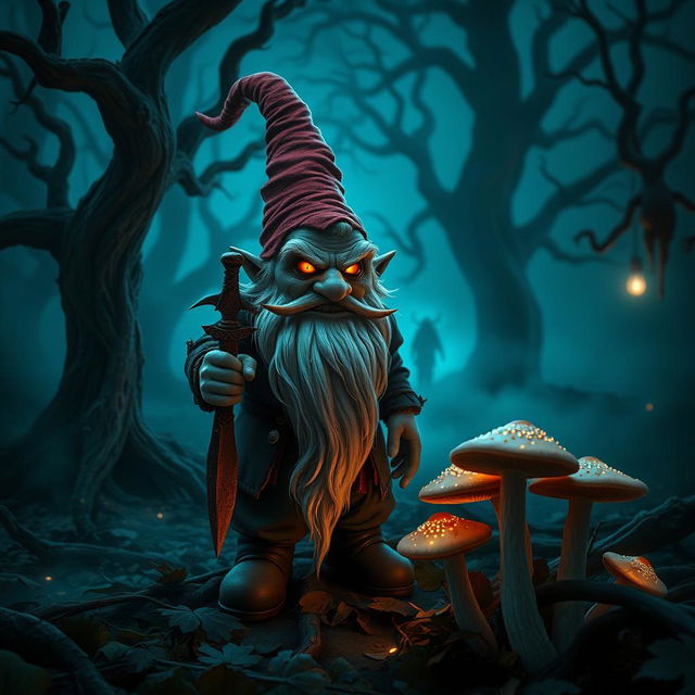 A sinister-looking evil gnome standing in a dark, enchanted forest, with twisted trees and eerie mist surrounding him