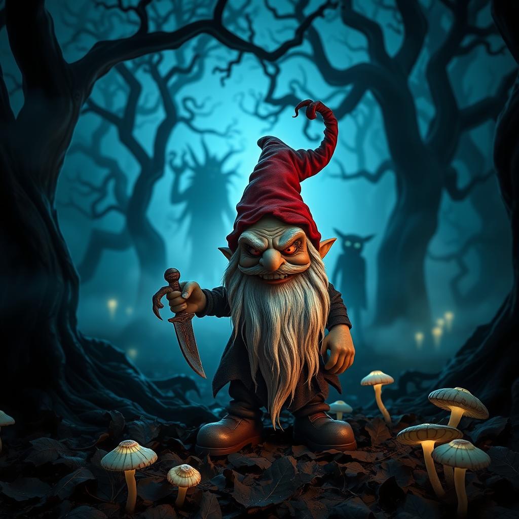 A sinister-looking evil gnome standing in a dark, enchanted forest, with twisted trees and eerie mist surrounding him