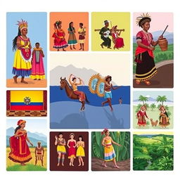 A vibrant and organized collage showcasing the cultural contributions of various ethnic groups that are part of Ecuadorian identity, presented in separate squares