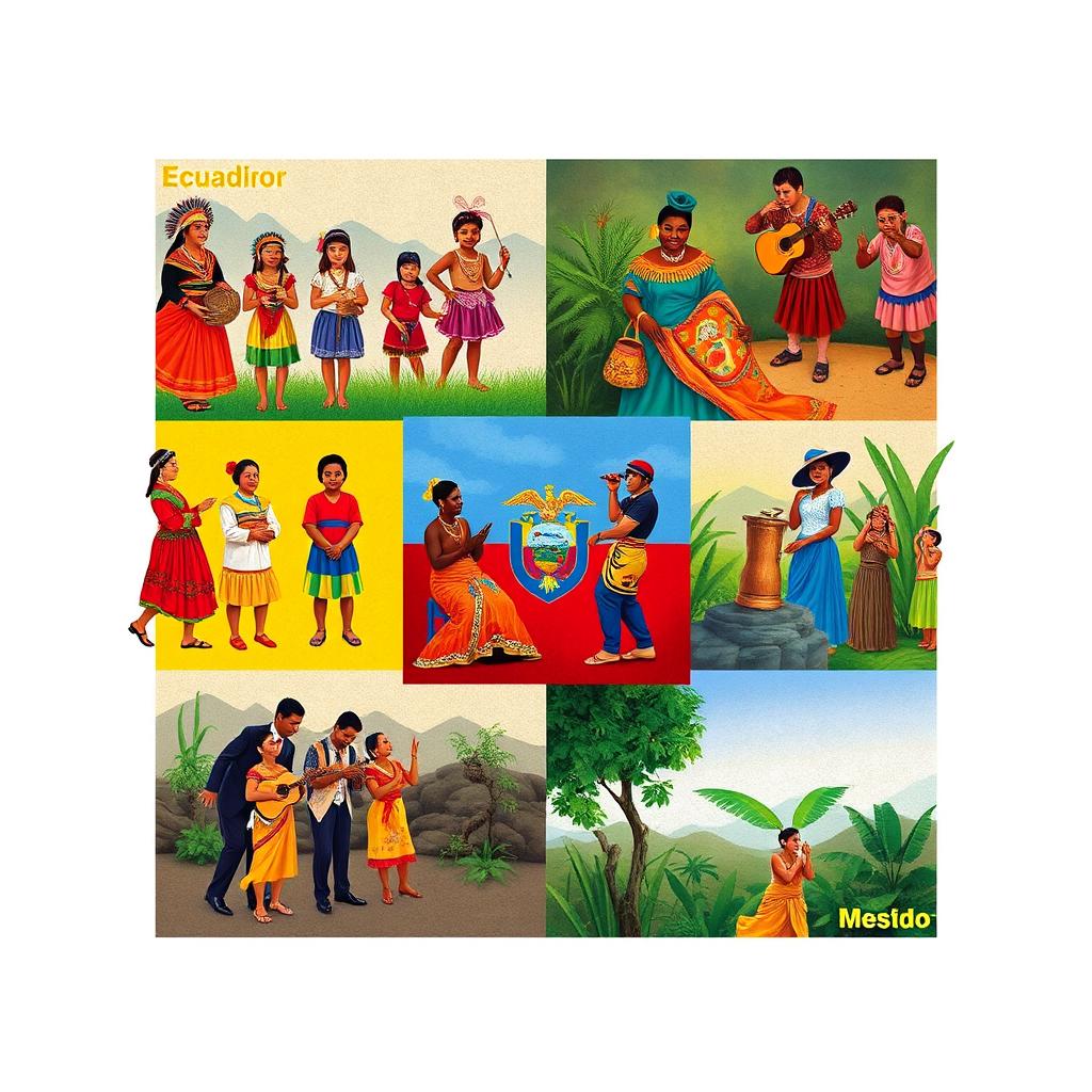 A vibrant and organized collage showcasing the cultural contributions of various ethnic groups that are part of Ecuadorian identity, presented in separate squares