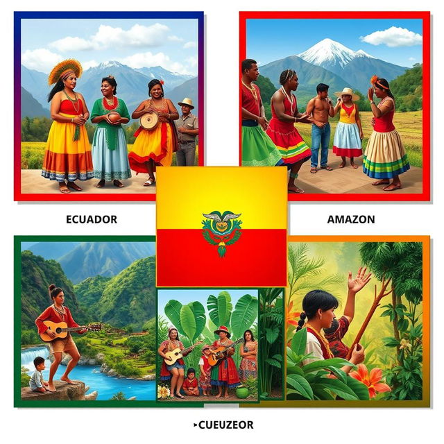 A vibrant and organized collage showcasing the cultural contributions of various ethnic groups that are part of Ecuadorian identity, presented in separate squares