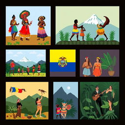 A vibrant and organized collage showcasing the cultural contributions of various ethnic groups that are part of Ecuadorian identity, presented in separate squares