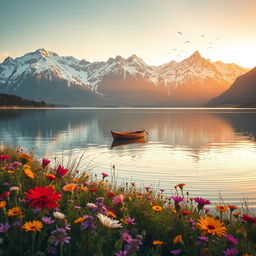 A serene landscape with a calm lake surrounded by majestic mountains, their peaks dusted with snow