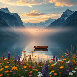 A serene landscape with a calm lake surrounded by majestic mountains, their peaks dusted with snow