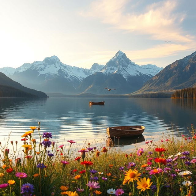 A serene landscape with a calm lake surrounded by majestic mountains, their peaks dusted with snow